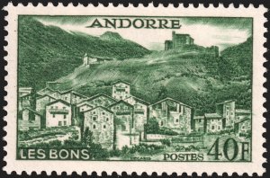 Andorra (French) #138  MOG - 40fr dk grn Village of Les Bons (1955)