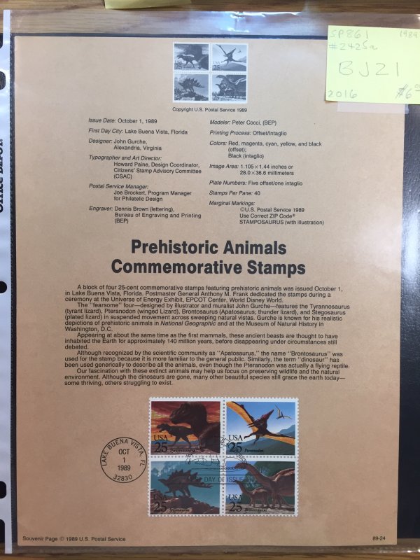 US #SP861 / 2425a Prehistoric Animals Comm Stamps - Souvenir Sheet / Page