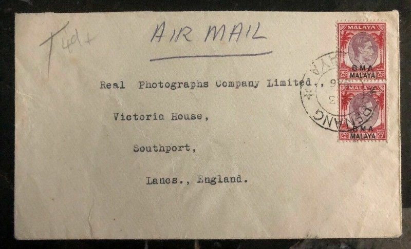 1946 Penang Malaya Airmail Cover To Southport England BMA Overprints