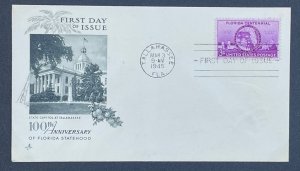 Scott 927  FDC  100th Anniversary of Florida Statehood  Artcraft Cachet