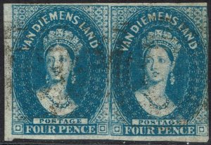 TASMANIA 1855 QV CHALON 4D IMPERF PAIR WMK LARGE STAR USED 