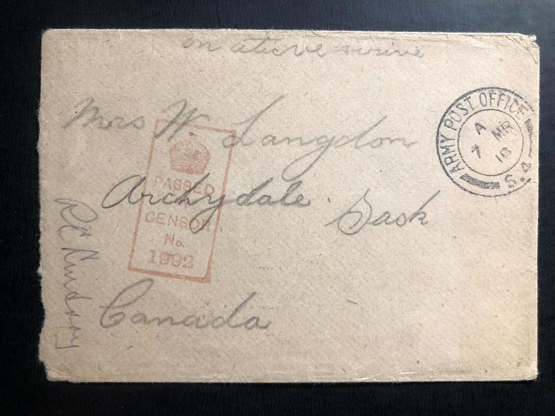 1918 Fieldpost Canada On Active Service Censored OAS WW1 Cover to Sacks