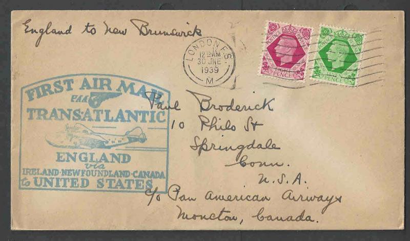 1939 COVER FAM F18-16a GREAT BRITAIN TO CANADA W/7 & 8 p FIRST FLIGHT