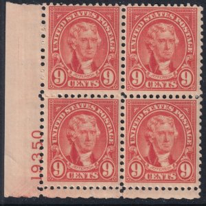 U.S. Sc# 641 1927 Thomas Jefferson 9¢ plate number 19350 block MNH CV $17.50