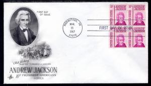 US 1286 Andrew Jackson Block of Four Artcraft U/A FDC