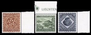 Liechtenstein #274-276 Cat$65, 1953 National Museum, sheet margin set of thre...