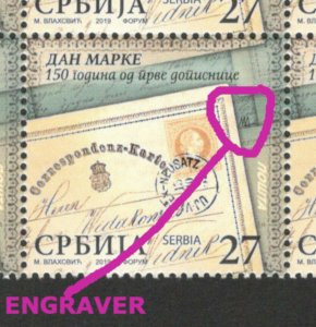 SERBIA-MNH-BLOCK OF 6 -STAMP DAY - ENGRAVER -150 YEARS OF POSTAL CARD -2019.