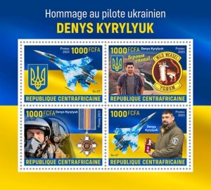 Central Africa - 2023 Pilot Denys Kyrylyuk Tribute - 4 Stamp Sheet - CA230319a