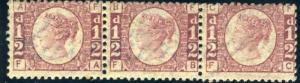 Sg 48 ½d Red Plate 4.  A superb unmounted mint strip of 3 showing complete half