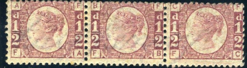 Sg 48 ½d Red Plate 4.  A superb unmounted mint strip of 3 showing complete half