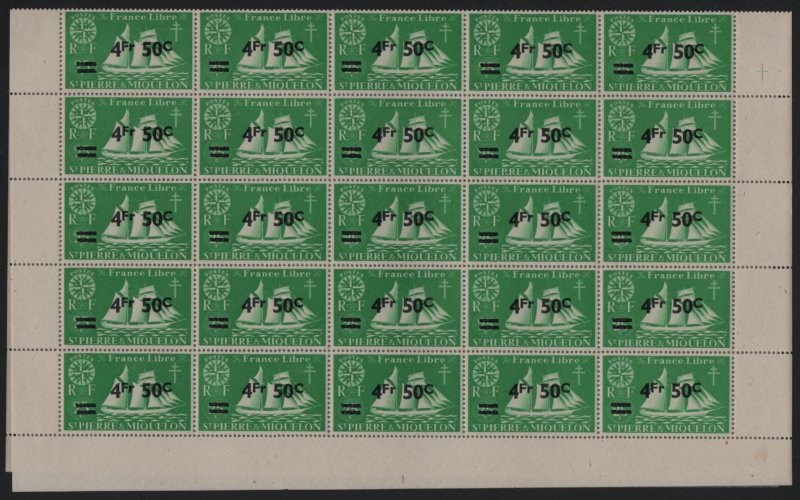St Pierre et Miquelon 1945 MNH Sc 320 4.50fr surcharge on 25c Schooner Sheet ...