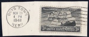 1948 Envelope Cut with Boys Town Cancel on 3c grey Immortal Chaplains SC956