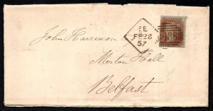 1857 EL to Belfast franked with 1d Stars on very deeply blued paper