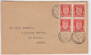 Jersey 1941 One Penny Arms block of 4 - on FDC