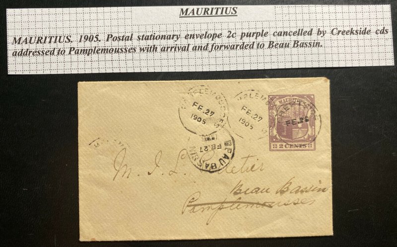1905 Creekside Mauritius Postal Stationery Cover To Pamplemousses 