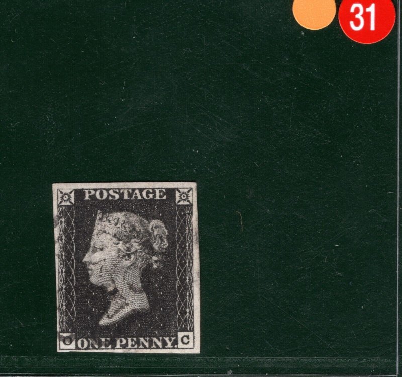 GB PENNY BLACK QV 1840 Stamp SG.2 1d Plate 1b (OC) AS5 Used MX Cat £400 YOR31