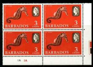 BARBADOS SG344 1966 3c MARINE LIFE WMK SIDEWAYS BLOCK OF 4 MNH