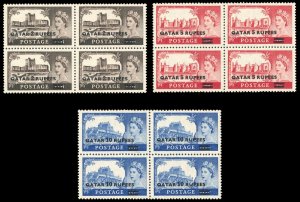 Qatar 1957 QEII Type I Surcharges set complete in blocks of four MNH. SG 13-15.