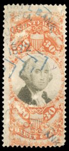 United States, Revenues #R140 Cat$50, 1872 30c orange and black, blue cancel,...