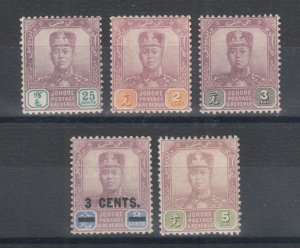 Malaya, Johore Sc 66/90 MLH. 1904-1920 Sultan Ibrahim definitives, 5 different