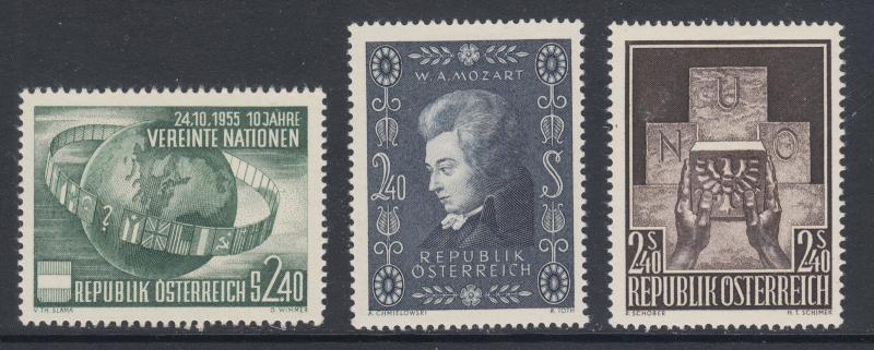 Austria Sc 608-610 MLH. 1955-56 issues, 3 complete sets, fresh