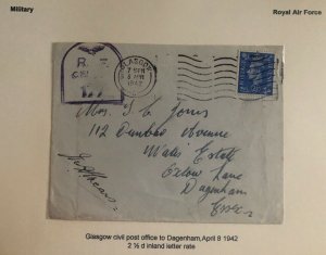 1942 Glasgow Scotland Civil Post Office RAF Censored Cover To Dagenham England