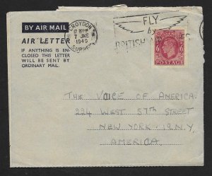 GREAT BRITAIN Aerogramme 6d King 1949 Croydon cancel to USA!