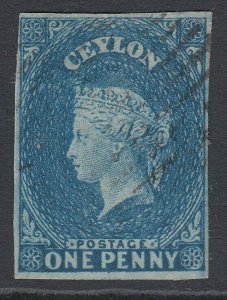 SG 2a Ceylon 1857-59. 2d blue. A very fine used example. 4 margins