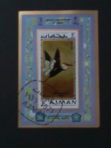 ​AJMAN-WORLD CONSERVATION OF BIRDS-HOKUSAI-CTO-IMPERF-S/S VF-FANCY CANCEL