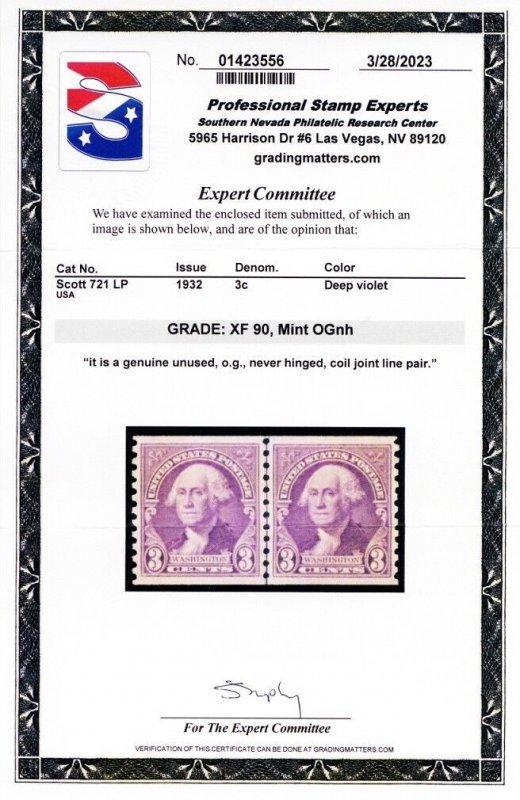 721, Mint XF NH 3¢ Coil Line Pair With Graded 90 PSE Certificate Stuart Katz