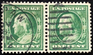 U.S. Used Stamp Scott #374 1c Franklin Pair, Superb. CDS Cancel. A Gem!