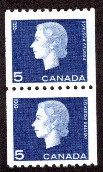 Scott 409, 5c, pair, VF, MNHOG, Cameo Issue Coil Stamps, Canada Postage Stamps