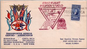 COSTA RICA 1943 POSTAL CACHET TACA FIRST FLIGHT AIRMAIL COVER ADDR MIAMI FLORIDA