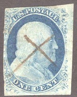 US Stamp Scott #9 1c Blue Franklin Imperf USED SCV $90