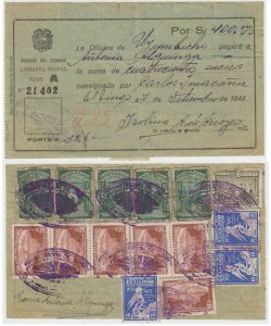 ECUADOR 1943 POSTAL MONEY ORDER $400.00 WITH $12.60 RATE (15 STAMPS) EL TINGO 