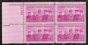 1955 Armed Forces Reserve Plate Block of 4 3c Postage Stamps - MNH, OG - Sc#1067