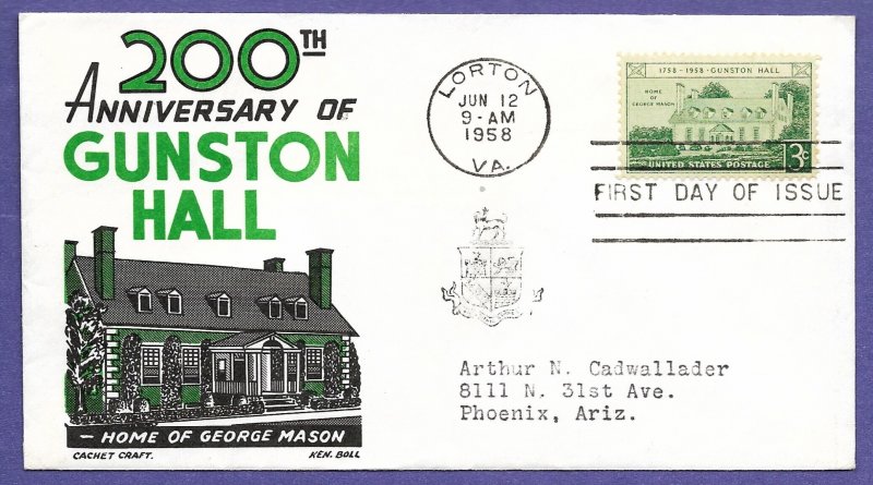 1108 GUNSTON HALL 3c, 1958 CACHET CRAFT/BOLL FIRST DAY COVER, ADDR.
