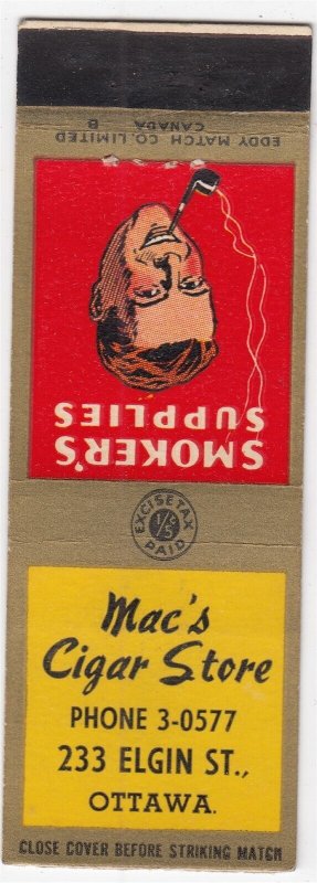 Canada Revenue 1/5¢ Excise Tax Matchbook MAC'S CIGAR STORE Ottawa, Ont.