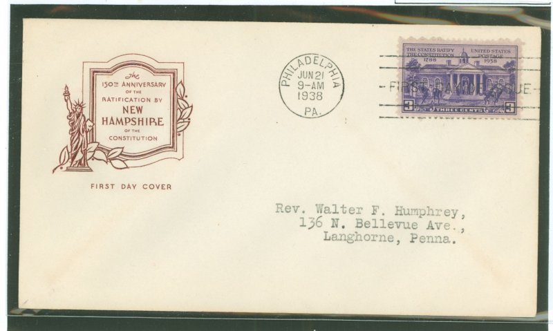 US 835 1938 3c Ratification of the US Constitution (single) on an addressed first day cover with an House of Farnum cachet.