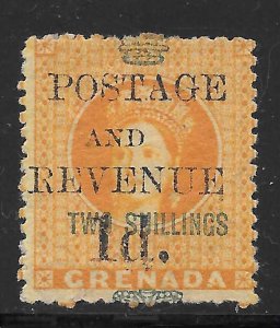 Grenada Scott 35 Used - 1891 1p on 2sh Queen Victoria, Wmk 5 - SCV $70.00