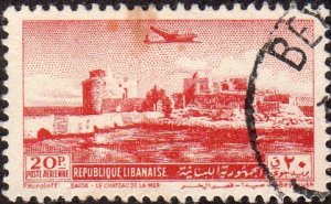 Lebanon C161 - Used - 20p Crusader Castle / Sidon Harbor / Plane (1951)