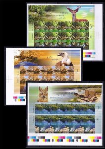 ISRAEL 2016 RIVERS IN ISRAEL 3 STAMP SHEETS IMPERFORATE LONG TAB FAUNA MNH 2015