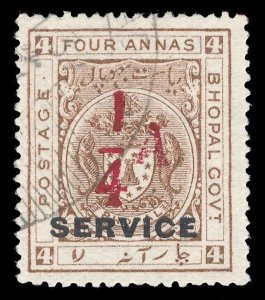 India - Bhopal 1935 Official ¼a on 4a (red surcharge) VFU. SG O322. Sc O22.