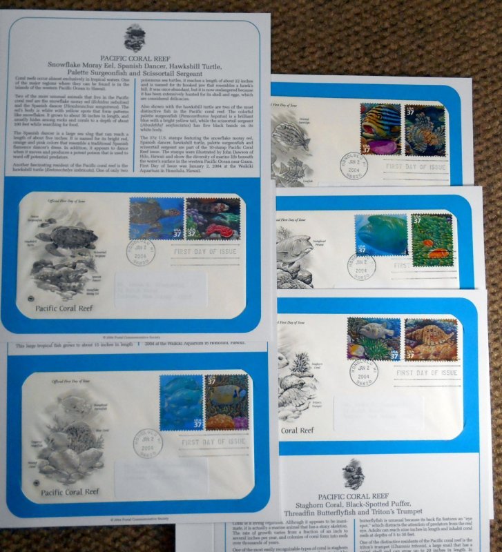 2004 Pacific Coral Reefs 10 designs Sc 3831a-j 5 FDCs with PCS cachet info pages