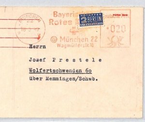 GERMANY Cover *BAVARIAN RED CROSS METER* Munich 1949 BERLIN Tax Stamp RC39