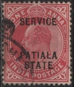 India: Patiala O21 (used) 1a Edward VII, car rose, ovptd (1903)