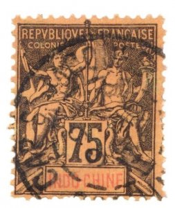 1892 France Indochina Sc #19 - 75f Coat of Arms - Used postage stamp Cv$17