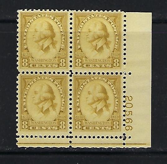 US #713 1932 WASHINGTON ISSUE 8C (OLIVE) - PLATE# BLOCK OF 4  -MINT NEVER HIGED