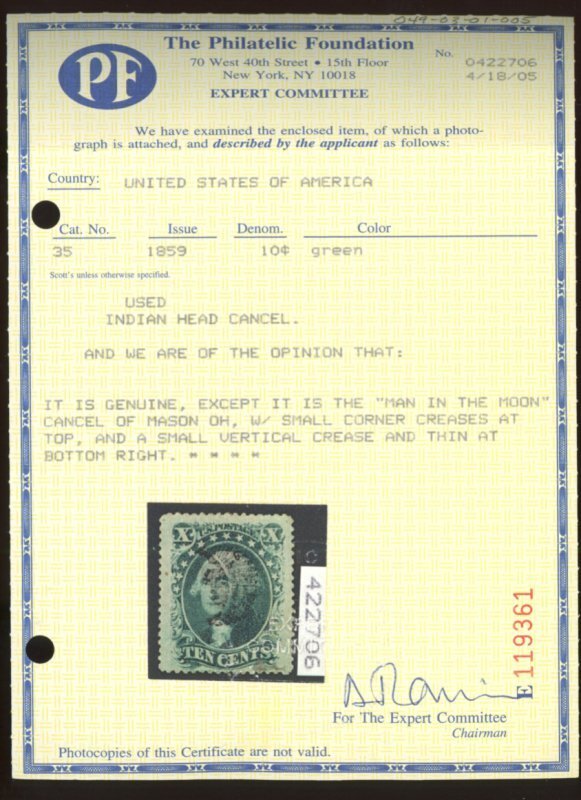 Scott 35 Genuine certified green type v used CV 110.00