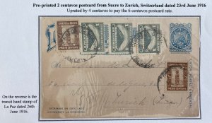1916 Sucre Bolivia Postal Stationery Postcard Cover To Zurich Switzerland